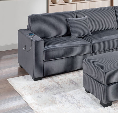 Dark Gray Wide Welt Corduroy Sectional Sofa Reversible Chaise Sofa w USB Storage Ottoman Upholstered Couch Pillows 3pc Set - sold by Home Elegance USA