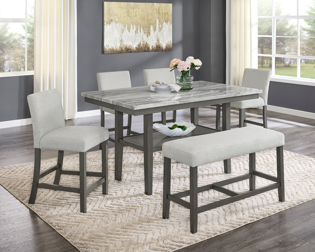 Juego de comedor Selena de 6 piezas, rectangular, de 182 cm, de imitación de mármol gris, con estante de almacenamiento, sillas y banco tapizados en gris claro.