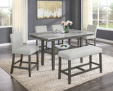 Juego de comedor Selena de 6 piezas, rectangular, de 182 cm, de imitación de mármol gris, con estante de almacenamiento, sillas y banco tapizados en gris claro.