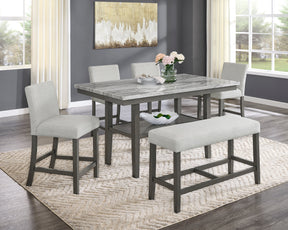 Selena 6-Piece 60' Rectangular Gray Faux Marble Counter Height Dining Set with Storage Shelf, Light Gray Upholstered Chairs & Bench - sold by Home Elegance USA