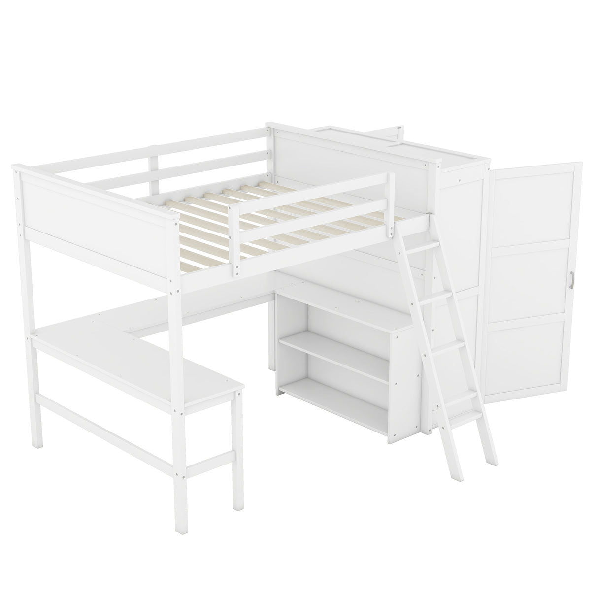 Full size Loft Bed with Desk, Shelves and Wardrobe-White - Home Elegance USA