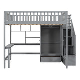 Full size Loft Bed with Bookshelf,Drawers,Desk,and Wardrobe-Gray - Home Elegance USA