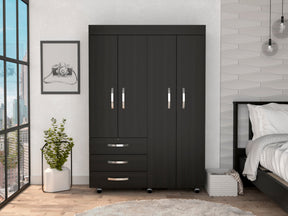 Hamilton Mobile Armoire, 4-Doors Cabinet, Three Drawers, Rods, Four Shelves, Black Wengue - Bedroom - sold by Home Elegance USA