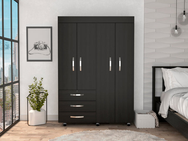 Hamilton Mobile Armoire, 4-Doors Cabinet, Three Drawers, Rods, Four Shelves, Black Wengue - Bedroom - sold by Home Elegance USA