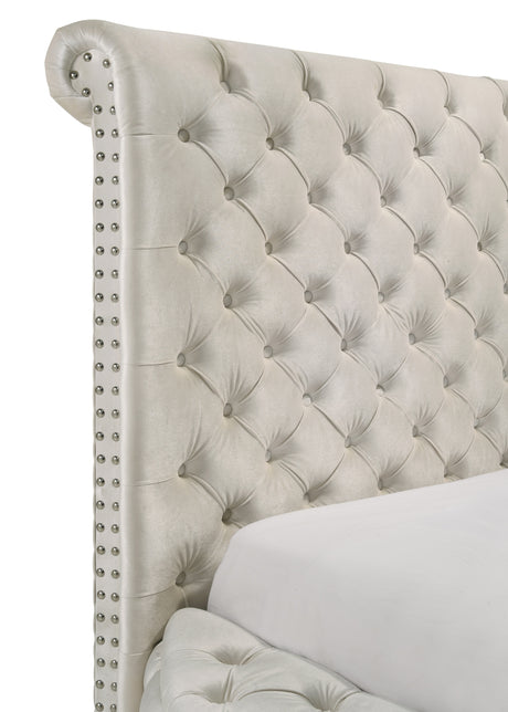 Unique Round Plush Ivory Velvet Button-Tufted Detailing Storage Bed Queen Size White 2x Nightstands Wooden Bedroom Furniture 3pc Set - sold by Home Elegance USA