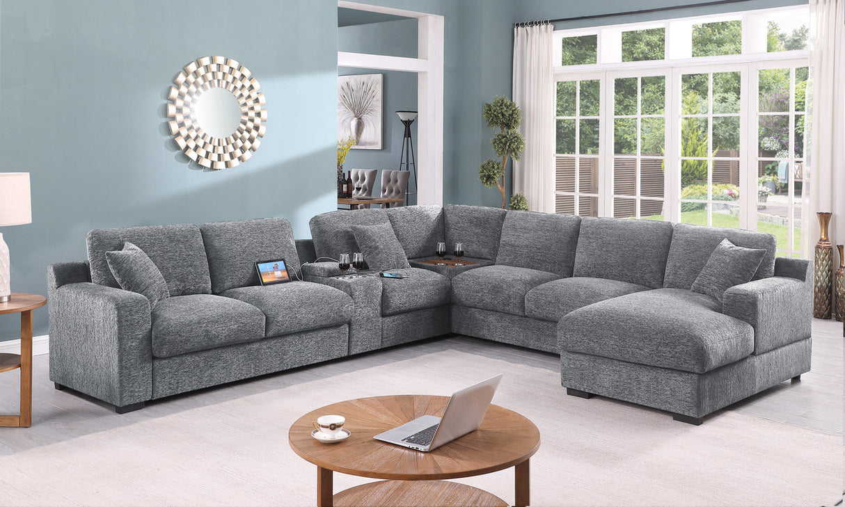 Chiara 141.5'W Light Gray Chenille Fabric Corner Sectional Sofa with Right-Facing Chaise, Cupholders, and Charging Ports