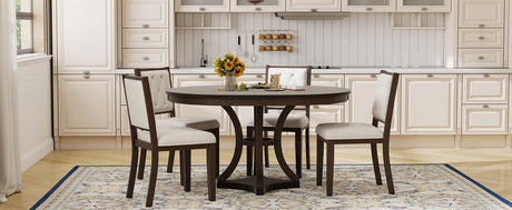 TREXM 5-Piece Retro Functional Dining Table Set Extendable Round Table and 4 Upholstered Chairs for Dining Room and Living Room (Espresso) - sold by Home Elegance USA
