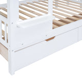 Full-Over-Full Castle Style Bunk Bed with 2 Drawers 3 Shelves and Slide - White - Home Elegance USA