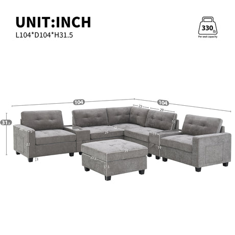 Modern Chenille U-Shaped Sectional Sofa with Acrylic Table Top, USB Charger, Storage Drawers, and Movable Ottoman in Gray - sold by Home Elegance USA