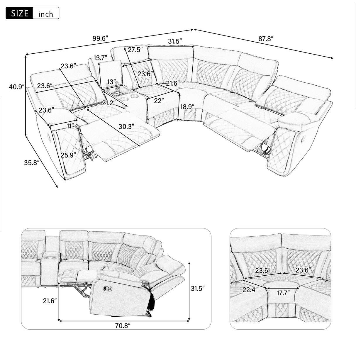 Home Theater Seating Manual Recliner with Cup Holder, Hide-Away Storage PU Reclining Sofa for Living Room, Home Theater, Black - Home Elegance USA