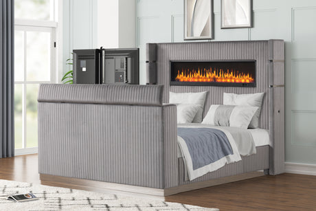 Lavish Modern Style 4 Pc King Bedroom Set Made with Fireplace in Headboard & TV stand in Footboard with Wood in Grey(CA INVENTORY) - sold by Home Elegance USA