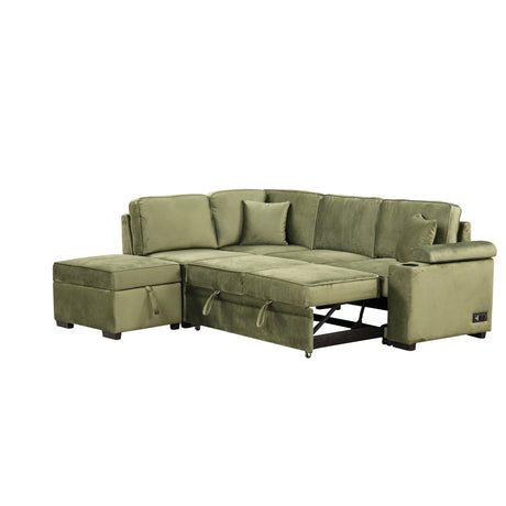 Green Velvet Sleeper Sofa Bed with Storage Ottoman, L Shape Pull Out Couch for Living Room and Bedroom - sold by Home Elegance USA