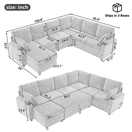 Convertible U-Shaped Sofa Bed with Storage, Cup Holders and Charging Ports, Beige Chenille, 109.9' - sold by Home Elegance USA