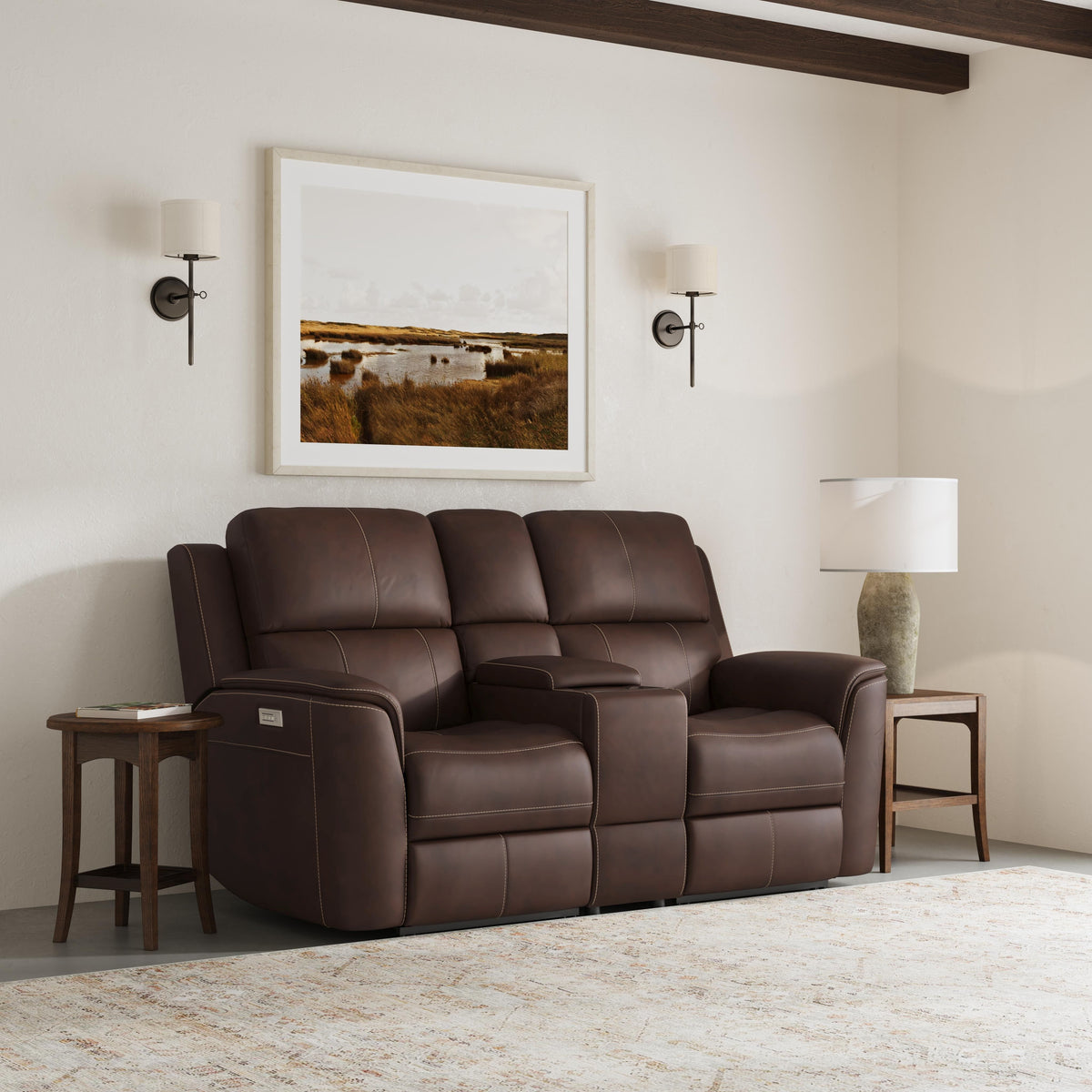 Henry Power Reclining Loveseat With Console & Power Headrests & Lumbar - Burnt Umber | Flexsteel