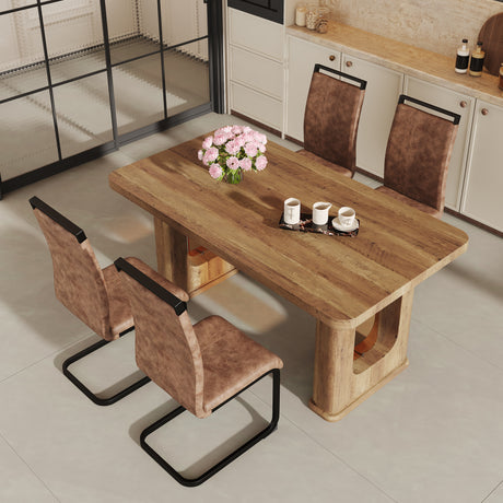 Table and chair set.64.5 x 35.4 Inch Stylish Wood Color Textured Dining Table.Perfectly Blending Simplicity And Transparency.Paried With 4 Brown technology fabric chairs with arched black legs. - sold by Home Elegance USA