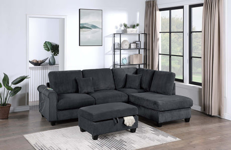 Contemporary Style 3pc Sectional Set Right Arm Chaise Left Arm Sofa w/ USB Port Storage Ottoman Throw Pillow Wooden Legs Black Finish Primary Living Room - sold by Home Elegance USA