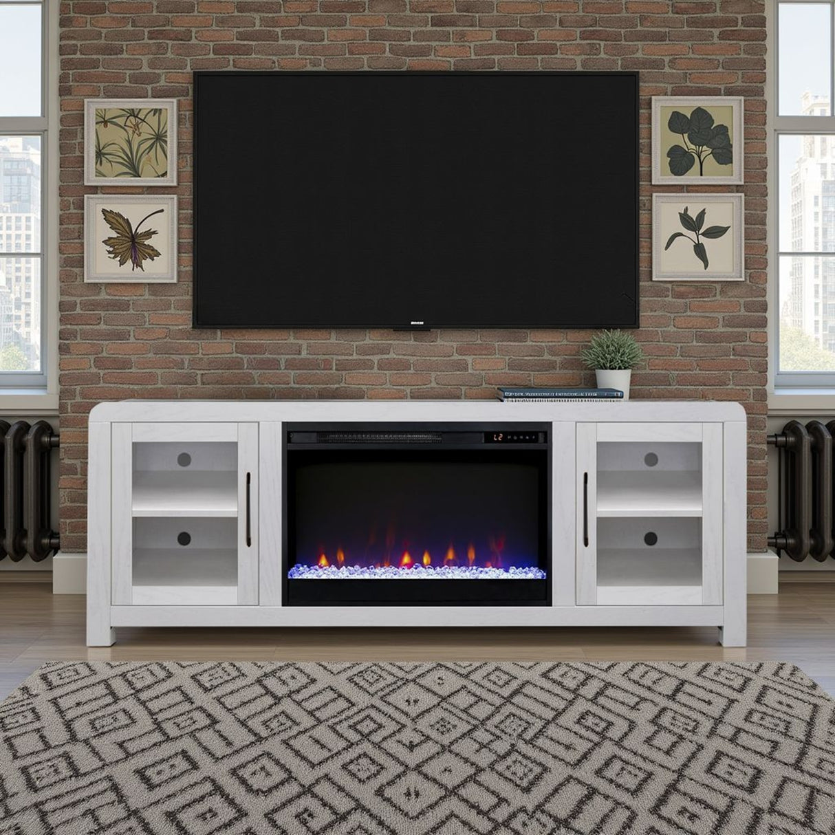 Haven 65 inch Fireplace TV Stand with Glass Doors, for TVs up to 75 inches, Minimal Assembly, White Finish