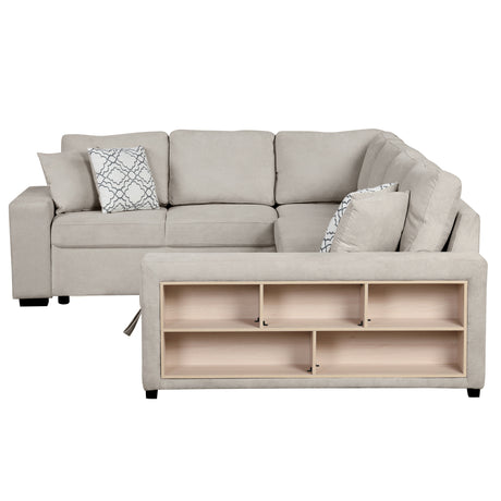 Beige Chenille U-Shaped Sectional Sofa with Pull-out Bed, USB Ports, Storage Chaise & Back Pillows - sold by Home Elegance USA