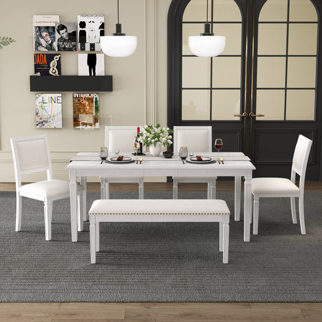 TREXM Vintage Extendable Dining Table Set for 6 with 4 Chairs & Bench, 59 to 72-Inch Rustic Farmhouse Kitchen Table Set with Distressed Finish and Retro Carved Legs (Washed White) - sold by Home Elegance USA