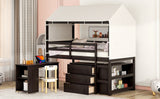 Twin Size Loft Bed with Rolling Cabinet, Shelf and Tent - Espresso - Home Elegance USA