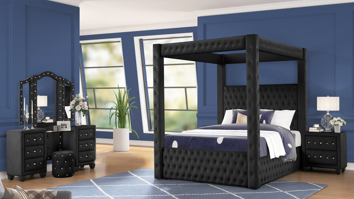 luxurious Four - Poster Full 4 Pc Vanity Bedroom Set Made with Wood in Black