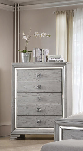 Contemporary 1pc Light Gray Brown Finish 5 Storage Drawer Chest Mirrored Accents Beautiful Solid Wood Wooden Bedroom Furniture