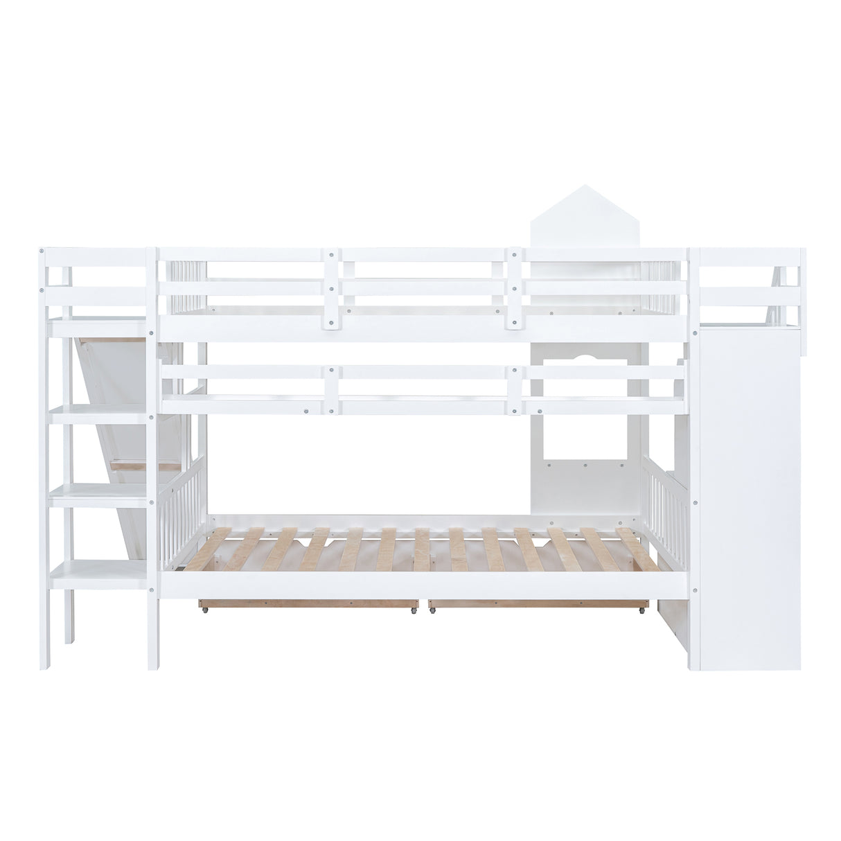 Full-Over-Full Castle Style Bunk Bed with 2 Drawers 3 Shelves and Slide - White(OLD SKU:LT000558AAK-2) - sold by Home Elegance USA