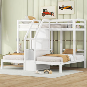 Twin over Twin & Twin Bunk Bed with Built-in Staircase and Storage Drawer,White - sold by Home Elegance USA