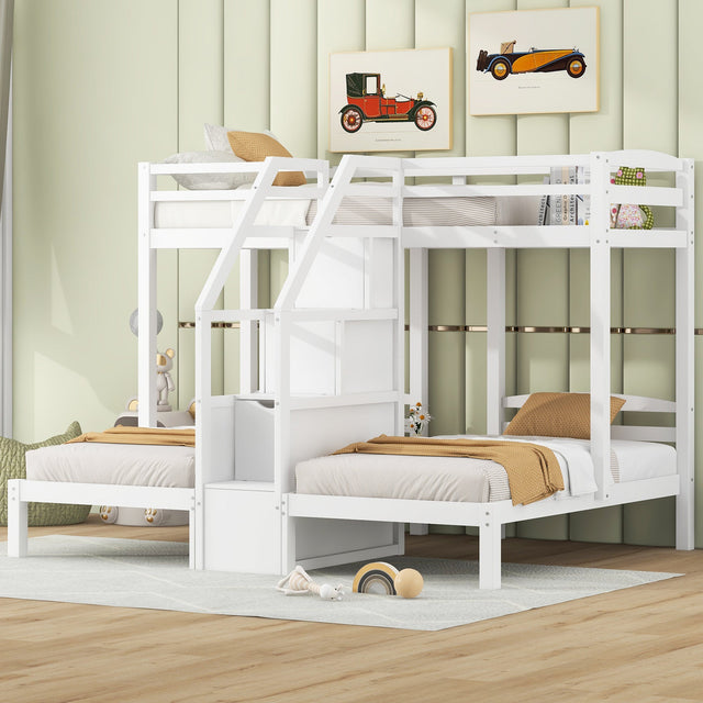 Twin over Twin & Twin Bunk Bed with Built-in Staircase and Storage Drawer,White - sold by Home Elegance USA