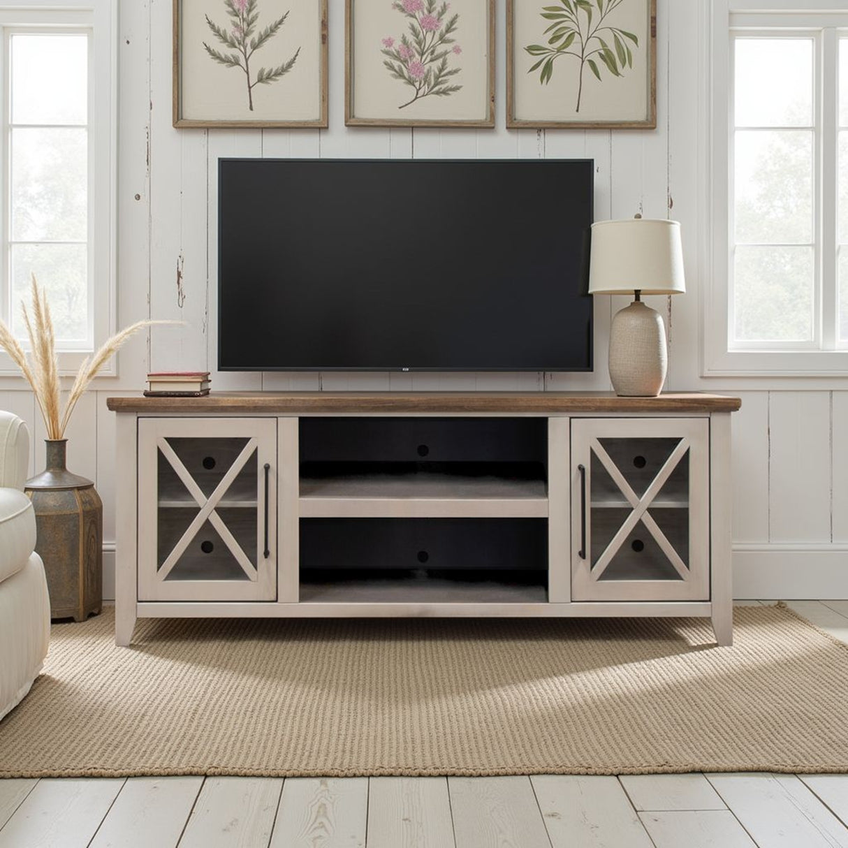 Ithaca 66 inch TV Stand Console, For TVs up to 80 inches, No Assembly Required, Sandstone and Bourbon Finish