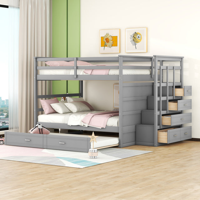 Full Over Full Bunk Bed with Twin Size Trundle and Staircase, Gray(OLD SKU:LT000268AAE)