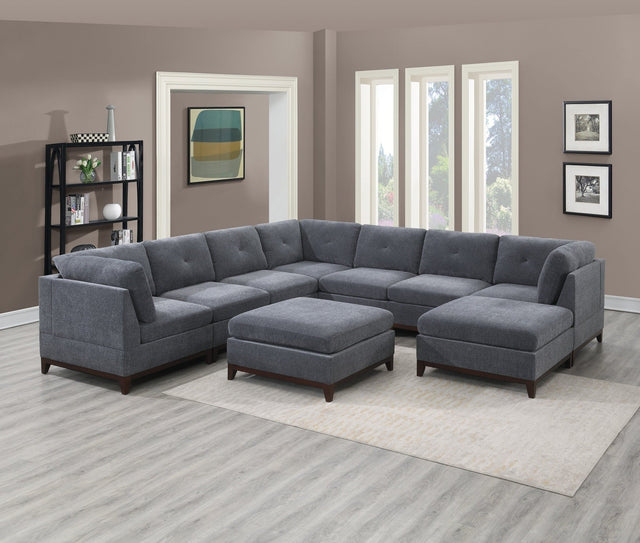 Ash Grey Chenille Fabric Modular Sectional 9pc Set Living Room Furniture Corner Sectional Couch 3x Corner Wedge 4x Armless Chairs and 2x Ottomans Tufted Back Exposed Wooden Base | Home Elegance USA