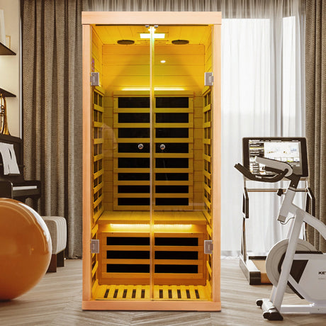 Luxury One-Person Hemlock Low-EMF Far Infrared Sauna with Double Glass Doors - sold by Home Elegance USA