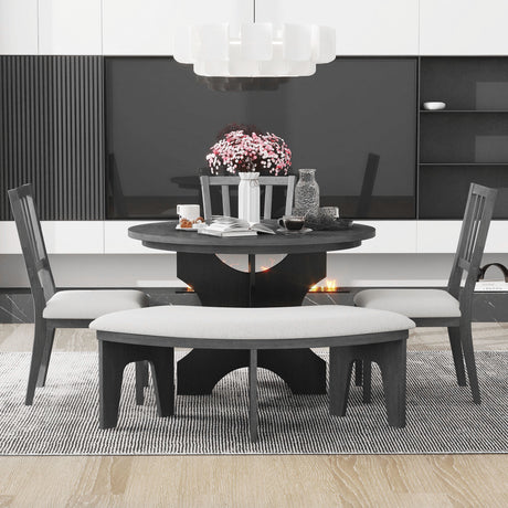 TREXM 5-piece Rustic Charm Round Dining Set with 3 Upholstered Chairs and Curved Bench for Dining Room, Kitchen and Living Room (Gray) - sold by Home Elegance USA