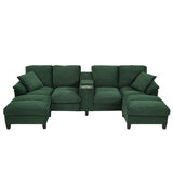 Modern Green U-shaped Sectional Sofa with Corduroy Upholstery, Hidden Storage Ottomans, USB Ports, and Cup Holders, 116.9'