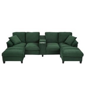 Modern Green U-shaped Sectional Sofa with Corduroy Upholstery, Hidden Storage Ottomans, USB Ports, and Cup Holders, 116.9' - sold by Home Elegance USA