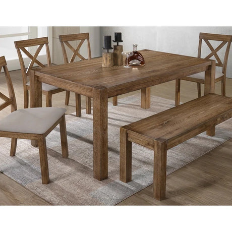 Transitional 6 Pieces Driftwood Dining Set, Antique Oak Wood Finish Dining Table Bench and 4 side Chairs with Open X-Back, Cushion, Natural Oak - sold by Home Elegance USA