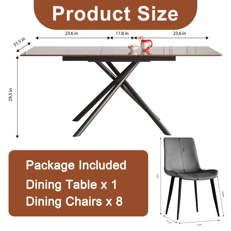 59-inch Expandable Dining Table Set with 8 Gray Ergonomic Chairs, Black Sandblasted Glass Top & X-Base, 4-6 Seater Modern Dining Set for Small Spaces, Kitchen and Apartment - sold by Home Elegance USA
