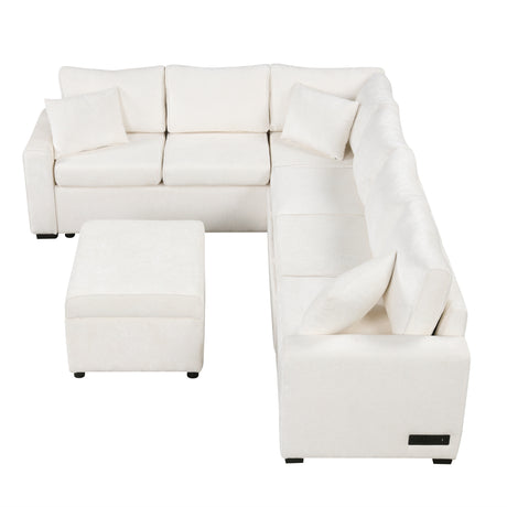 Cream Tweed Chenille Sectional Sofa with Pull-out Bed and Storage Ottoman, 112.2' for Living Room - sold by Home Elegance USA