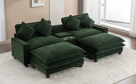 Chenille Upholstered 111' Sectional Sofa with Two Removable Ottomans, USB Ports, Cup Holders, and Storage, Green - sold by Home Elegance USA