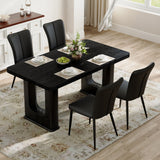 Table and chair set. 64.5 x 35.4 Inch Stylish Black Wood Color Textured Dining Table.Paired with 4 Black PU chairs with a vertical stripe design on the backrest and black metal legs.