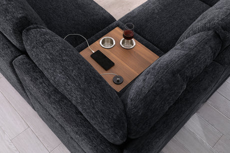 Celine 141.5' Dark Gray Chenille Fabric Corner Sectional Sofa with Right-Facing Chaise, Cupholders, and Charging Ports - sold by Home Elegance USA