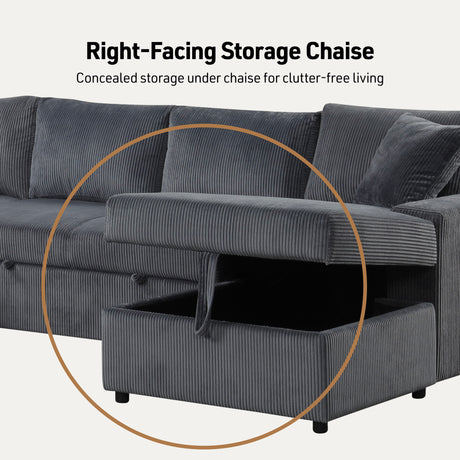 Ruxley 123'W Gray Corduroy Sleeper Sectional Sofa with Right-Facing Storage Chaise and Throw Pillows - sold by Home Elegance USA