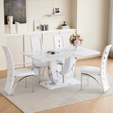 Table and chair set.Modern Luxury Grayish White Marble Patterned Dining Table Set - 63'x37' with 4 PU Chair With White Saddleback, Geometric Pattern Backrest,Silver Curved Metal Leg.