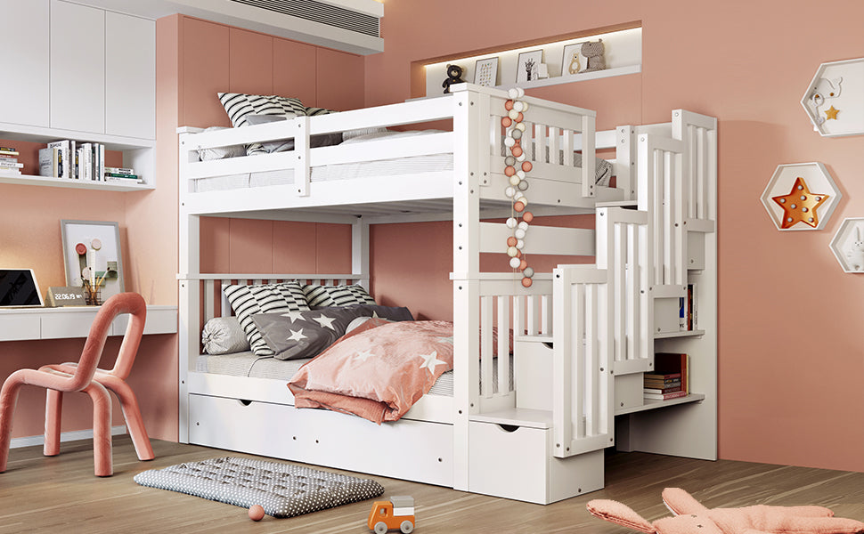 Full Over Full Bunk Bed with Shelves and 6 Storage Drawers, White(Old SKU:LT000046AAK) - sold by Home Elegance USA