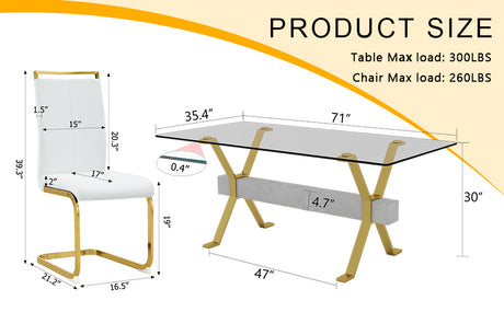 Table and chair set.Elegant Transparent Tempered Glass Dining Set - 71'x35.4' with 8 White PU Chairs with golden C-tube metal leg. - sold by Home Elegance USA