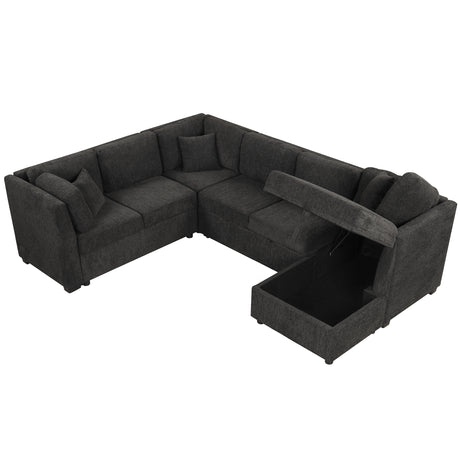 U-shaped Sectional Sofa Pull Out Bed with USB Ports, Power Sockets, Back Pillows & Storage Chaise, Black Chenille, 108.6' - sold by Home Elegance USA