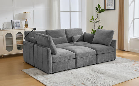 Modern Sectional Sofa Modular Sofa with Movable Ottoman, USB Ports & Phone Holder, Grey Chenille, 85.4' - sold by Home Elegance USA