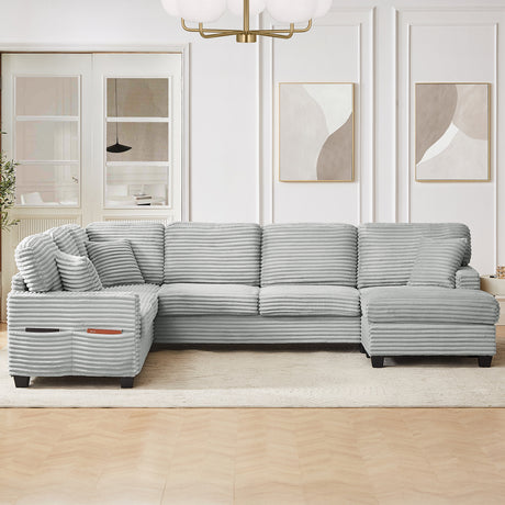 Modern U-shaped Sectional Sofa with Movable Ottoman and Side Storage Pockets, Grey Corduroy, 125.2' - sold by Home Elegance USA