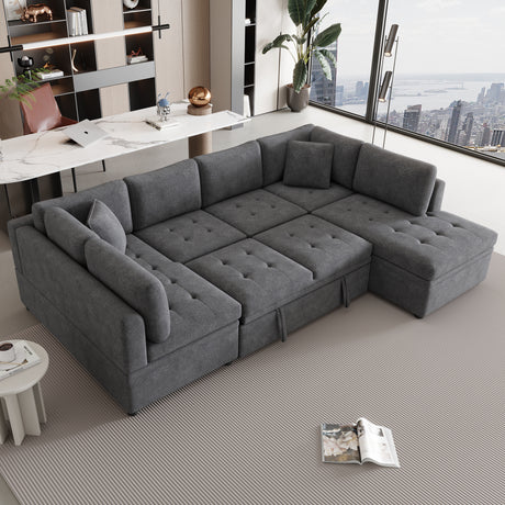 Oversized Sectional Sofa U-shaped Couch Pull-out Sofa Bed with Two Throw Pillows Gray Chenille 117.3' - sold by Home Elegance USA
